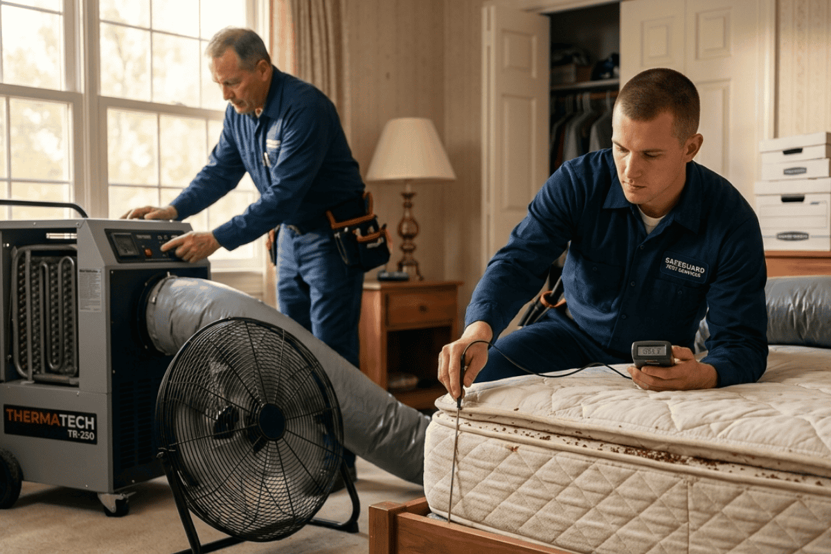 how-does-bed-bug-heat-treatment-work-step-by-step - Action Pest Management - Broken Arrow Pest Control Two technicians in blue uniforms service a portable HVAC unit in a bedroom, with a duct connected and a large floor fan nearby, performing a diagnostic job.