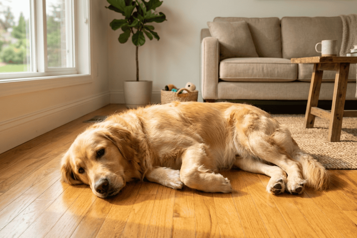 Golden retriever sleeping on a wooden floor in a cozy living room beside a sofa.