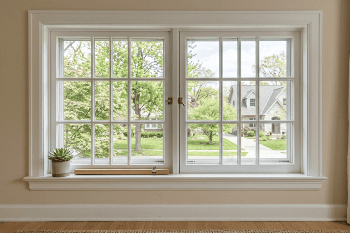 windows-closed-pest-spraying-broken-arrow-ok - Action Pest Management - Broken Arrow Pest Control White-framed double window with a view of a tree-lined suburban street; a small potted succulent and a wooden spacer sit on the wide sill.
