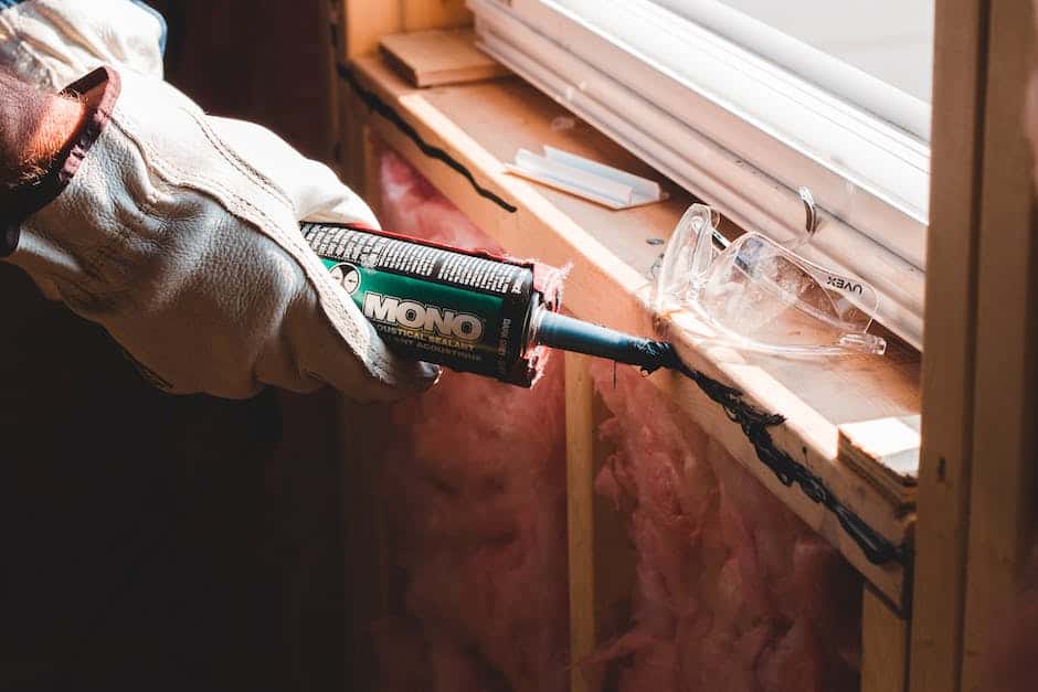 Gloved hand sealing a gap around a window frame to block entry points for rodents and spiders